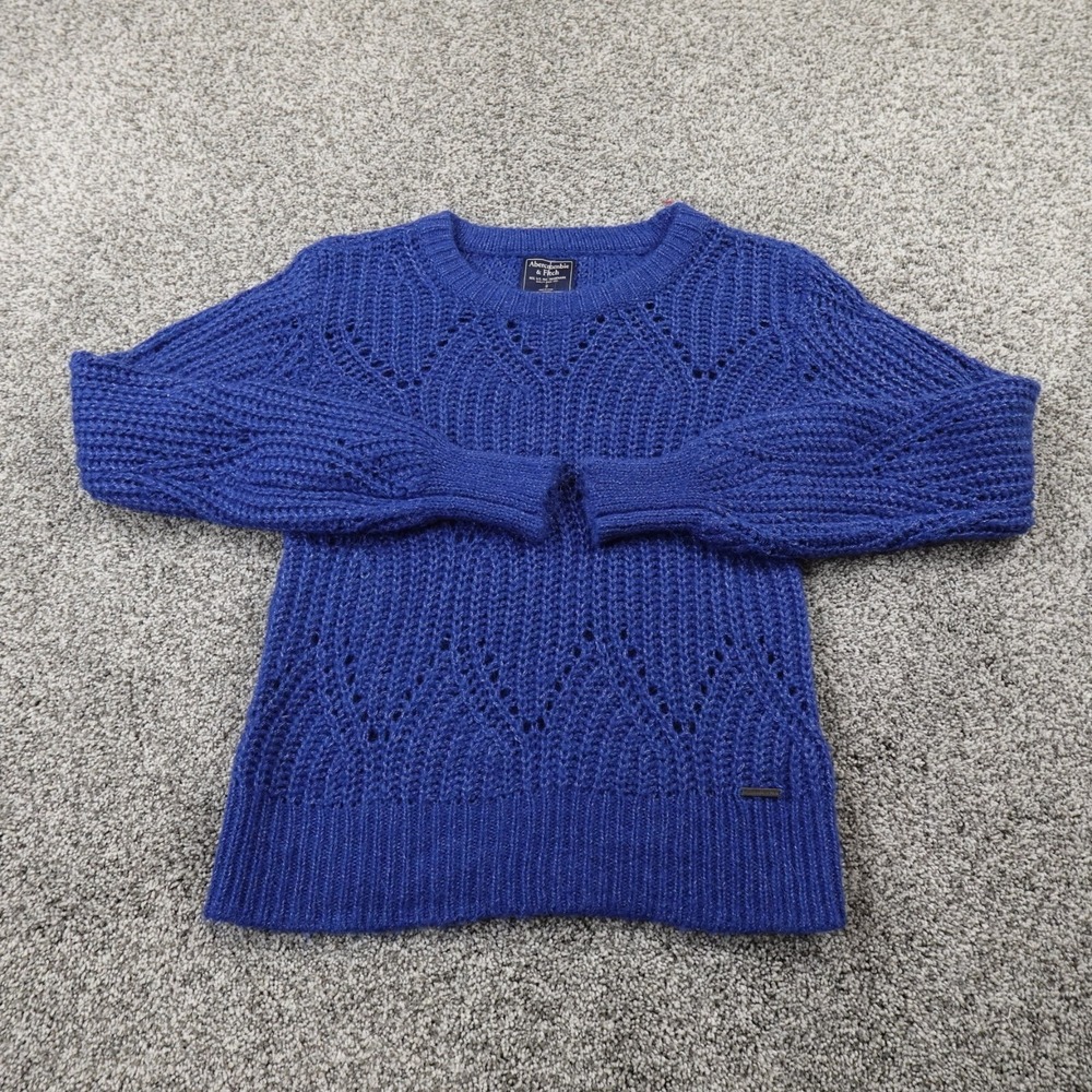 VTG Abercrombie Fitch Sweater Womens S Blue Wool Alpaca Chunky Knit Crewneck Y2K
